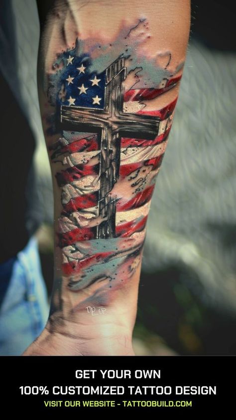 American Flag Tattoo Ideas: Show Your Patriotism with Pride - Tattoo Build Cross American Flag Tattoo, Cross With American Flag Tattoo, Cross And American Flag Tattoo, Cross And Flag Tattoo, Eagle Flag Tattoo Design, Man Tattoo Ideas Arm, Black American Flag Tattoo, Blue Collar Tattoo For Men, Veteran Tattoo Ideas