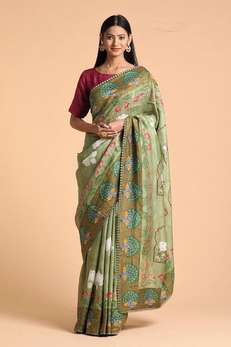 LABEL PRATHAM - Print Pichwai Sarees - Handwoven Tussar Linen Pichwai Saree Pichwai Saree, Hand Paint Saree, Pichwai Art, Mandala Arts, Dupatta Design, Saree Blouses Designs, Indian Saree Blouse, Blouses Designs, Hand Painted Sarees