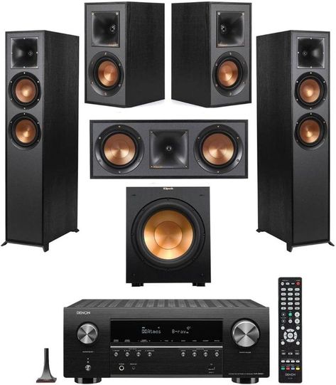 Klipsch Reference 5.1 Home Theater System, Bundle with 2X R-625FA Floorstanding Speakers, R-52C Center Channel, R-2x 41M Bookshelf Speaker, R-12SW 12" Subwoofer, Denon AVR-S960H A/V Receiver Denon Avr, Best Home Theater System, Home Theater Sound System, 8k Ultra Hd, Best Home Theater, Speaker Box Design, Polk Audio, Powered Subwoofer, Acoustic Design