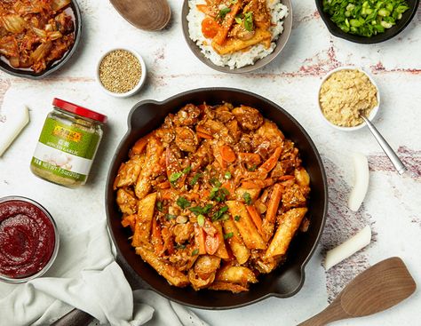 Dak Galbi Korean Spicy Chicken Stir-Fry | Recipes | USA Dak Galbi, Korean Spicy Chicken, Pork Belly Bao, Asian Sauces, Cabbage And Sausage, Stir Fry Recipes Chicken, Asian Sauce, Fry Recipes, Boneless Skinless Chicken Thighs