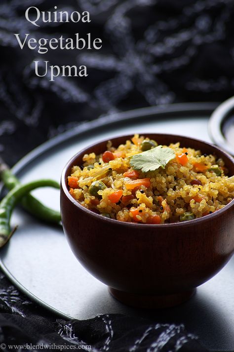 Quinoa Upma Recipe - How to Make Vegan Vegetable Quinoa Upma Quinoa Indian Recipes, Indian Quinoa, Vegetable Upma Recipe, Vegan Potato Recipes, Elimination Diet Recipes, Upma Recipe, Recipe For Breakfast, Vegetable Quinoa, South Indian Style