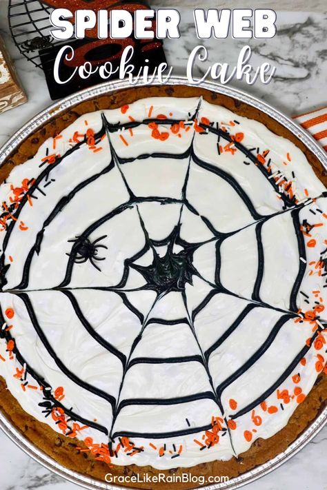 Spider Web Cookie Cake - Grace Like Rain Blog Spider Chocolate Chip Cookies, Spiderweb Cookie Cake, Spider Cookie Cake, Spider Web Cookie Cake, Spider Web Cookies Decorated, Cookie Cake Halloween, Halloween Cookie Cake, Halloween Chocolate Chip Cookies, Spider Web Cookies