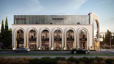 Small Office Facade, Commercial Design Exterior Facades, Commercial Building Exterior Facades, Store Facade Design, Arch Facade, House Exterior Wall Design, Classical Facade, Restaurant Facade, Mall Facade