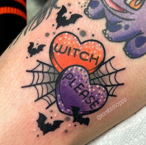 50+ Spooky Halloween Tattoo Ideas - The XO Factor Halloween Sleeve, Cute Halloween Tattoos, Halloween Tattoo Ideas, Candy Tattoo, Purple Tattoos, Pumpkin Tattoo, Petit Tattoo, Baby Candy, Tattoo Reference