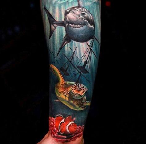 17 Water Tattoo Designs For Men & Women | PetPress Undersea Tattoo, Water Tattoo Ideas, Ocean Life Tattoos, Water Tattoos, Underwater Tattoo, Ocean Sleeve Tattoos, Ocean Sleeve, Scene Tattoo, Sea Tattoo