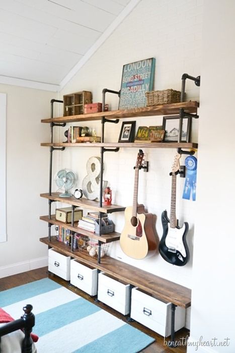 diy industrial shelving Industrial Shelf Diy, Industrial Shelves, Industrial Diy, Industrial Bedroom, Industrial Shelving, Man Caves, Design Industrial, Industrial House, Boys Bedrooms