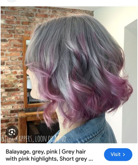 Grey Hair With Pink Streaks, Grey Hair Pink Highlights, Pink On Grey Hair, Gray Hair With Pink Highlights, Gray Hair With Pink, Highlights On Grey Hair, Grey And Pink Hair, Grey Hair With Pink Highlights, Pink And Grey Hair