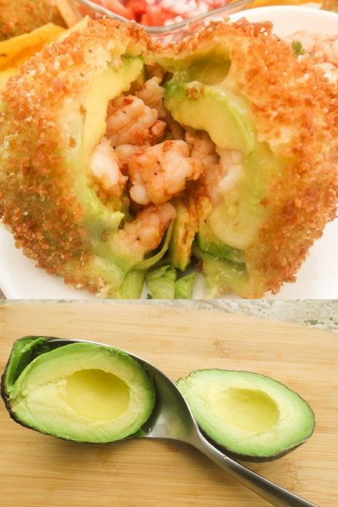 Fried Stuffed Avocado, Shrimp Snacks, Fried Avocado, Avocado Stuffed, Stuffed Avocado, Cheesy Appetizer, Avocado Dessert, Mexican Appetizers, Avocado Fries