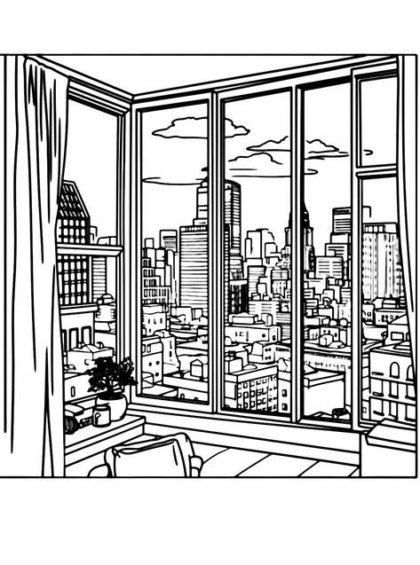 Window - Lol Coloring Pages Window Coloring Page, Window Doodle, Window With A View, Lol Coloring Pages, Lol Coloring, Airplane Window, Bustling City, City Landscape, Coloring Pictures