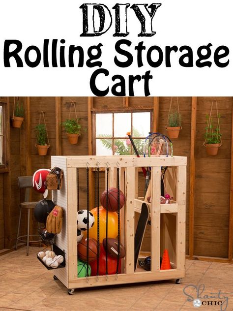 DIY rolling cart storage Toy Organization Diy, Outdoor Toy Storage, Toy Storage Ideas, Sports Equipment Storage, Sports Storage, Garage Storage Solutions, Cute Diy Projects, Rolling Storage Cart, Equipment Storage