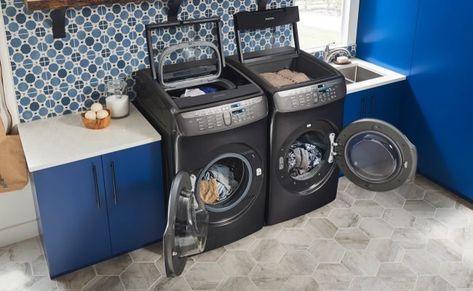 Black Stainless Steel Appliances: The Pros and Cons | Bob Vila Stainless Steel Washer And Dryer, Homemade Stainless Steel Cleaner, Kitchen Trends To Avoid, Samsung Black Stainless, Narrow Kitchen Island, Black Stainless Steel Appliances, Popular Color Schemes, Distressed Cabinets, White Farmhouse Sink