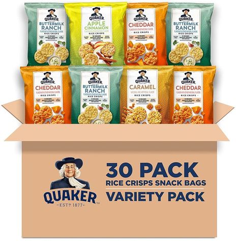 Quaker Rice Crisps, Gluten Free, 4 Flavor Sweet and Savory Variety Mix, Single Serve 0.67oz, 30 count Quaker Rice Cakes, Rice Cake Snacks, Cake Snack, Rice Crisps, Chicken Snacks, Flavored Rice, Snack Bites, Favorite Dips, Cracker Snacks