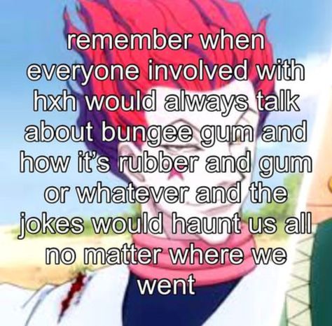 bungee gum possesses the properties of both rubber and gum Bungee Gum, Relatable Stuff, Hunter X Hunter, I Missed, Anime Memes, Aesthetic Anime, Gum, To Look, Bee