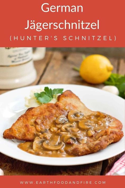 German comfort food at its finest! This jägerschnitzel recipe is an easy pork schnitzel recipe you can make at home, topped with a rich mushroom gravy. #schnitzel #Jägerschnitzel #germanrecipes Chicken Jagerschnitzel Recipe, Pork Schnitzel Recipe Gravy, Jagerschnitzel Recipe, Jaegerschnitzel Recipe, German Cuisine Recipes, German Meals, Pork Schnitzel Recipe, Homemade Beef Broth, Schnitzel Recipe