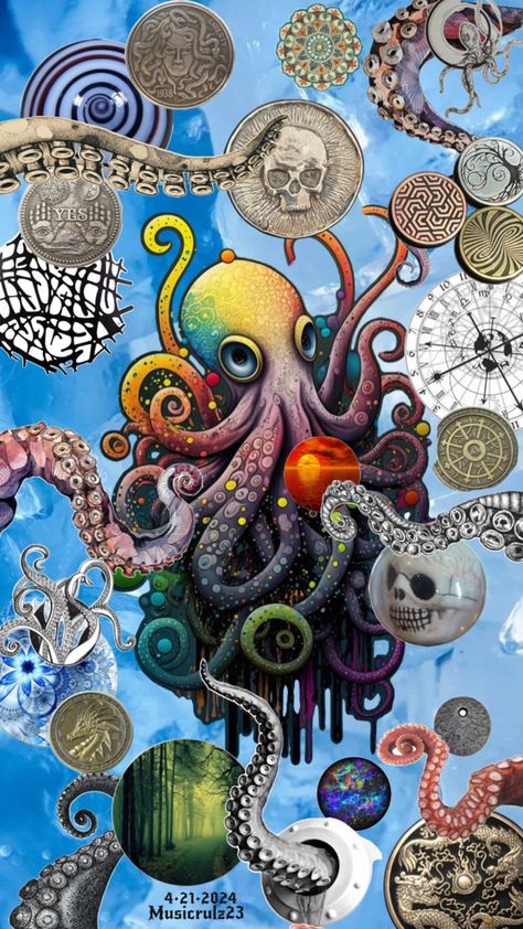 Octopus circle, coin, tentacle collage Octopus Art, Circle Art, Octopus, Coin, Collage, Art