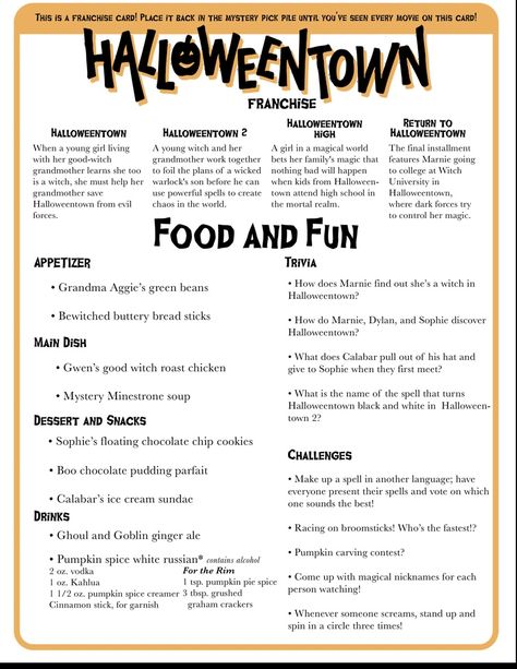 Fall Movie Night Meals, Fall Date Movie Night, Movie Night Menu Ideas Halloween, Fall Movie Themed Dinner, Halloween Family Movie Night Dinner, Halloweentown Movie Food Ideas, Elemental Movie Theme Dinner, Disney Movie Night Menu Halloween, Halloween Themed Dinner And A Movie