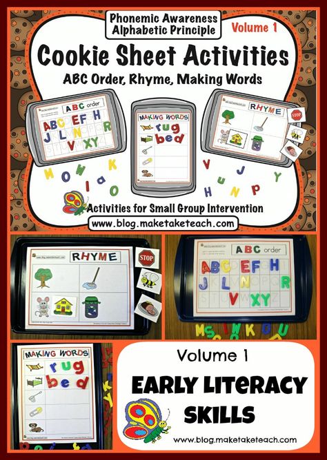 3 early literacy cookie sheet activities! ABC order, Rhyme and Building CVC words.  Great for centers or small group instruction. Reading Lab, Cookie Sheet Activities, Activity Stations, Teacher Corner, Early Literacy Activities, Reading Tutoring, Preschool Centers, Cookie Sheets, Learning Stations