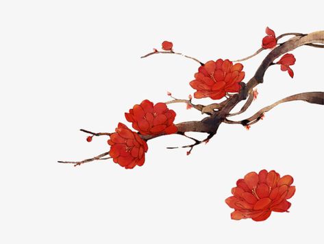 Red Flower Illustration, Red Flowers Png, Red Branches, Flowers Branch, Foo Dog Tattoo, Chinese Flowers, Anime Flower, Chinese Flower, Flower Art Drawing