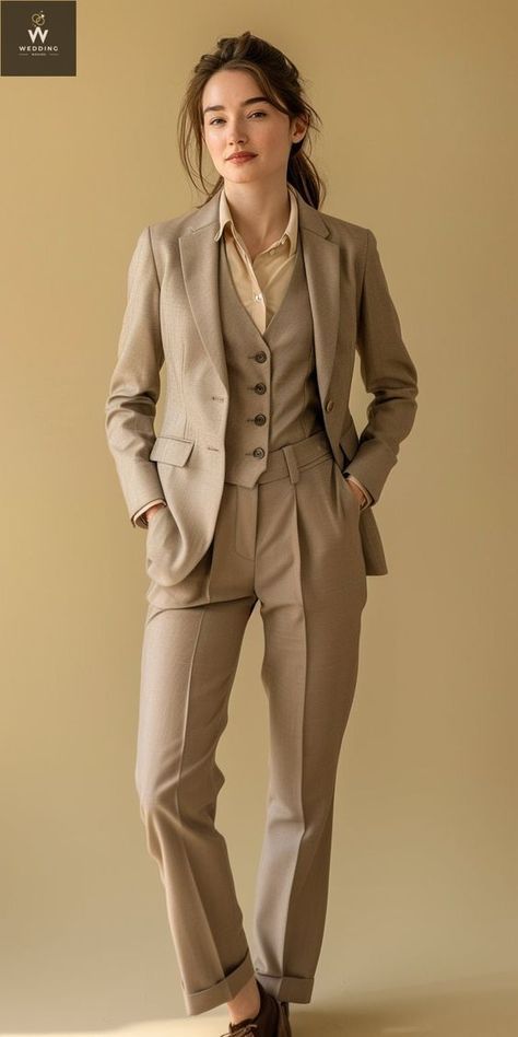 Formal Suit Designs For Women, Women’s Suits, Suit Women Wedding, Tux For Women, Tailored Suit Women, Beige Suits Wedding, Women Wedding Suit, Feminine Suit, 3 Piece Suit Women