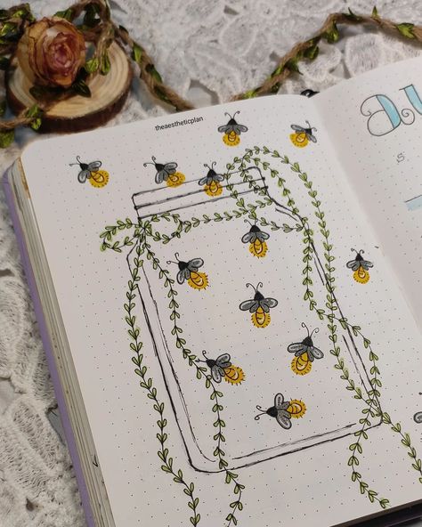 ✨ August Bullet Journal Cover Page Setup ✨ Hey, everyone! I'm thrilled to share my whimsical firefly theme for August! This cover page features a minimalistic design with a jar, fireflies, and delicate hanging leaves.🪄✨& I've added august as header with a minimal calendar to keep track of important dates. Hanging leaves and flying fireflies tie the whimsical theme together beautifully. 🍃 ✨ Keeping the colors consistent with blue for the header, pastel green for the leaves, yellow for the fi... Bullet Journal Outline, Firefly Theme, August Bullet Journal Cover, August Bullet Journal, Bullet Journal August, Whimsical Theme, August Themes, Minimal Calendar, Hanging Leaves