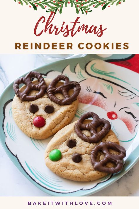 Two peanut butter cookies with red and green M&M noses, chocolate chip eyes, and chocolate-covered pretzel antlers on a vintage Santa plate. Peanut Butter Reindeer Cookies, Christmas Reindeer Cookies, Gluten Free Christmas Cookies Recipes, Baking Together, Cookies Kids, Gluten Free Christmas Cookies, Reindeer Cookies, Gluten Free Christmas, Cookies Easy