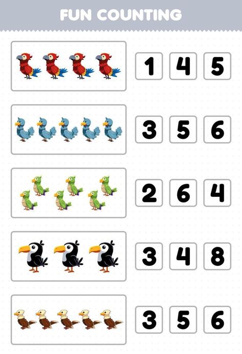 Education game for children fun counting and choosing the correct number of cute cartoon bird animal parrot dove parakeet toucan eagle printable worksheet Parrot Activity Preschool, Bird Worksheets Preschool, Birds Worksheets Kindergarten, Birds Worksheets For Kids, Birds Activities For Kids, Birds Kindergarten Activities, Bird Activities For Kids, Bird Worksheet, Eagle Printable