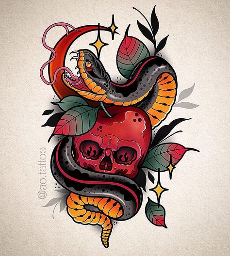 Neo Traditional Art, Traditional Snake Tattoo, Tattoos Japanese, Colored Tattoo Design, Snake Skull, Neo Tattoo, Tattoo Snake, Tattoo Outline Drawing, Japan Tattoo Design