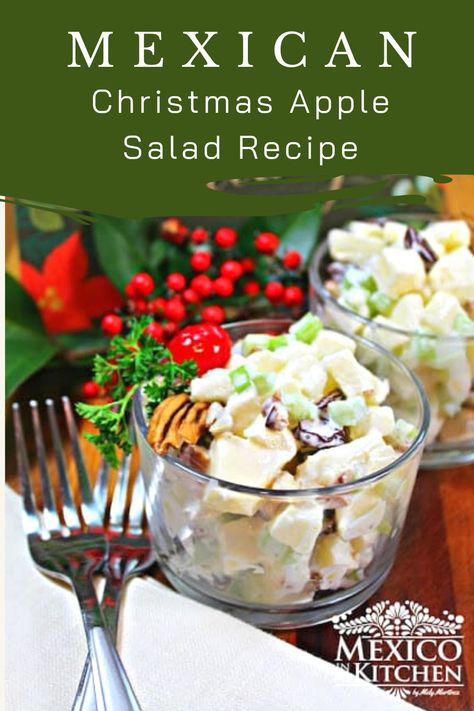 Ensalada Navideña (or Mexican Christmas Apple Salad) is an easy and delicious recipe. The creamy apple salad dressing is so simple with just a few ingredients. #mexicanrecipes #homecook #mexicanchristmas #easyrecipes #christmassalad Christmas Food Ideas Mexican, Mexican Apple Salad, Christmas Apple Salad, Healthy Mexican Salad, Apple Salad Dressing, Mexican Christmas Food, Apple Pecan Salad, Mexican Side Dish, Apple Salad Recipe