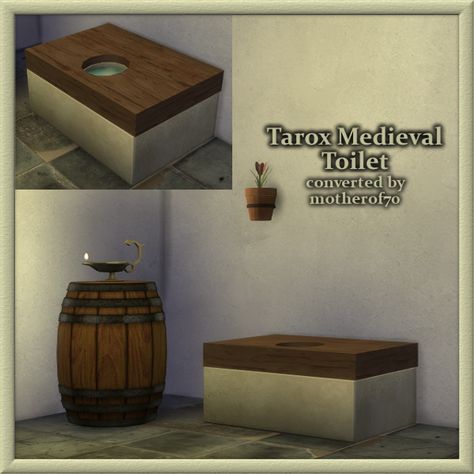 Tarox Medieval Toilet Simulacra Medium Aevum Medieval Toilet, Medieval Bathroom, Sims 4 Medieval, Medieval Objects, Asian Sims, Sims Challenge, Sims 4 Decades Challenge, Sims Medieval, Sims 4 Studio