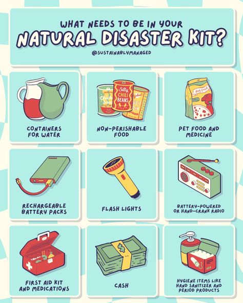 September is National Preparedness Month, so we’re bringing back this SM classic to help you get prepared! As the Earth continues to get hotter and weather gets more extreme, it’s more important than ever to be ready for events that can affect your access to power, grocery stores, doctor's offices, and more. What’s in your natural disaster kit? 🥫🔦🔋 National Preparedness Month, Ice Cream Graphic, Chaos Control, Disaster Management, Period Products, Emergency Preparedness Kit, Disaster Response, Emergency Preparation, Natural Disaster