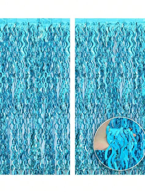 1pc Wave Blue Foil Fringe Curtain 78*39inches, Perfect Backdrop For Beach Party, Ocean Party, Birthday Party, Summer Party, Wedding Decoration Baby Blue    PVC     Event & Party Supplies, size features are:Bust: ,Length: ,Sleeve Length: Water Birthday Party Decorations, Under The Sea Sweet 16, School Dance Decorations, Wave Backdrop, Water Birthday Parties, Foil Fringe Curtain, Ocean Backdrop, Birthday Party Summer, Water Birthday