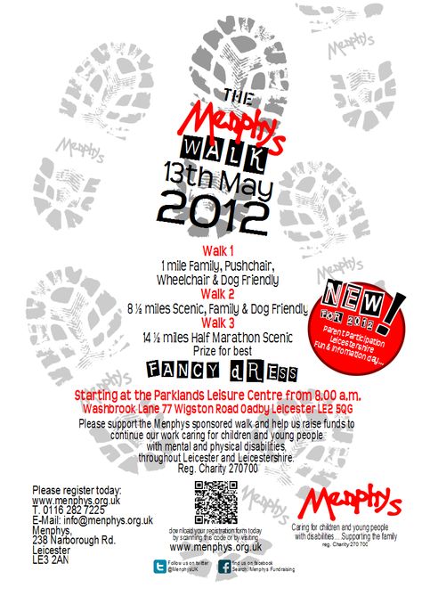 I was asked to design a poster for the Menphys walk an annual charity walk taking place on 13th may 2012 in Leicestershire. Taking its cues from last years poster for the 30th walk (also designed by me !) it features an refinement of that years footprint idea giving the poster a 'walked on' look. This motif has been continued onto all associated media for the event including banners and sponsor forms as well as any merchandise such as stickers, water bottles etc. Walk To School, Fundraising Event, School Week, Design Posters, Fundraising Events, Event Ideas, Leicester, Graphic Design Posters, How To Raise Money