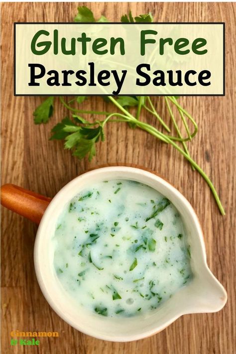 Jug of gluten free parsley sauce on wooden board with parsley Healthy Sauce Recipes, Low Calorie Sauces, Healthy Sauce, Parsley Sauce, Gluten Free Sauces, Healthy Sauces, Lactose Free, Gluten Free Vegetarian, Healthy Foods