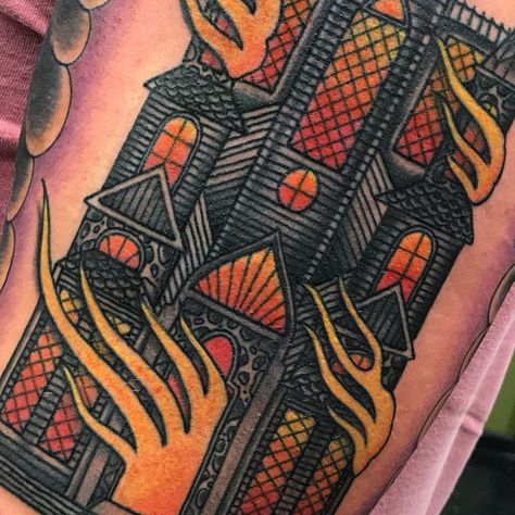 House On Fire Tattoo, Burning House Tattoo, Burning Church Tattoo Design, Victor Tattoo, Coloured Tattoos, Haunted House Tattoo, Building Tattoo, Church Tattoo, Tattoo House