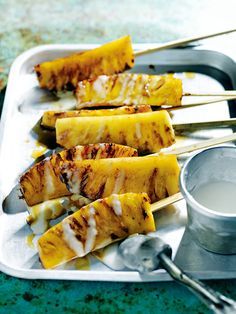 caramelised pineapple skewers  with rum drizzle from donna hay Vegetarian Skewers, Pineapple Skewers, Donna Hay Recipes, Pineapple Skewer, Donna Hay, Pineapple Recipes, Snacks Für Party, Kebabs, Bbq Recipes