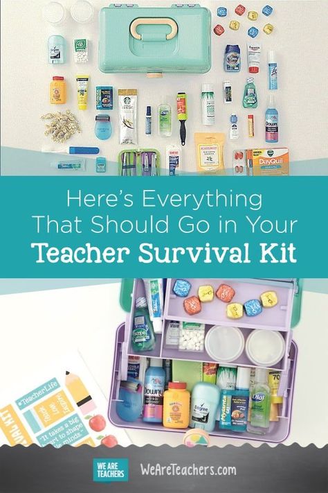 Here's Everything That Should Go in Your Teacher Survival Kit. Do you remember Caboodles? Well, we took the magic of them, and created a kit that is perfect for any teacher. #teacher #classroom #teaching Teacher Emergency Kit, Teacher Survival Kit, Teacher Tricks, Classroom Diy, Survival Kit Gifts, Prek Teacher, Survival Kit For Teachers, Teacher Survival, Teacher Bag