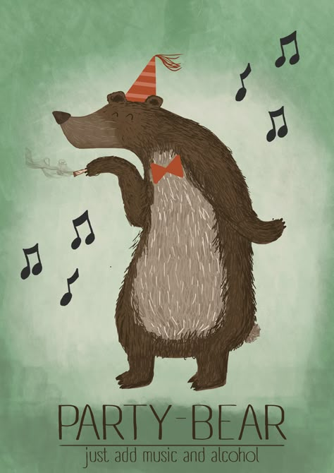 Party Bear, Just add Music and Alcohol Dancing Bear Illustration, Drawing Bears, Bee Cafe, Grass Dance Outfits, Bear Character Design, Teddy Bears Picnic, Illustration Animals, Whimsical Animals, Bear Drawing