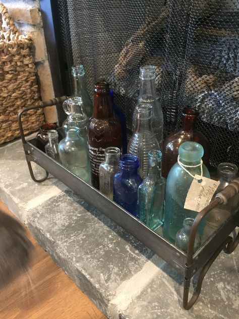 A World That Was featuring collectibles and wares from a time gone by. Glass Bottle Display Ideas, Glass Bottle Display, Decorating With Old Bottles, Antique Bottles Decor Ideas, Old Bottles Decor, Antique Bottle Display, Bottle Display Ideas, Science Academia, Antique Display Ideas