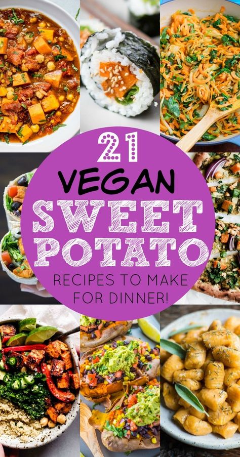 Sweet potatoes aren't just a side dish anymore! Each one of these savory 21 vegan sweet potato recipes features sweet potatoes as the star ingredient for dinner! #VeganSweetPotatoRecipes Vegan Mashed Sweet Potatoes, Vegan Sweet Potato Recipes, Homemaker Recipes, Sweet Potato Vegetarian, Sweet Potato Dinner, Frugal Food, Sweet Potato Recipe, Sweet Potato Tacos, Sweet Potato Kale