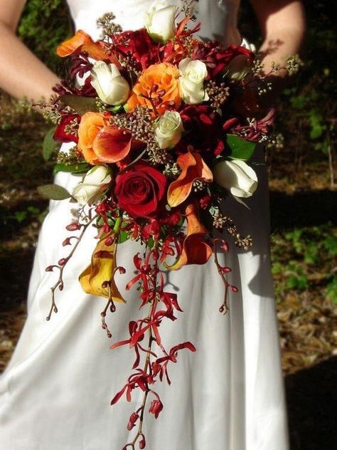 Fall Wedding Bridal Bouquets, White Bridal Gown, Cascading Wedding Bouquets, Red Bouquet Wedding, Bridal Bouquet Fall, Beautiful Wedding Flowers, White Bridal Bouquet, Fall Wedding Bouquets, Fall Wedding Flowers