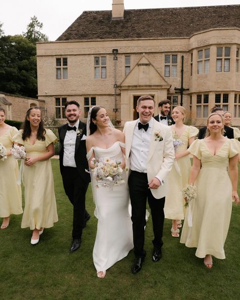 Georgia’s gorgeous gals in the most divine buttery yellow dresses, one of my all time favourite colours 🧈 The perfect shade of yellow to complement the single flower variety bouquets we made for the maids - white cosmos, pale pink dahlia, pale pink stocks, lilac sweetpeas and white daisies! Captured so wonderfully by @theshannons.photography 🤍 Pale Yellow Wedding Palette, Yellow Bridesmaid Dresses With Groomsmen, Pale Yellow Wedding Theme, Yellow Bridal Party, Yellow Wedding Party, Pale Yellow Wedding, Pale Yellow Weddings, Tan Groomsmen, Flower Variety