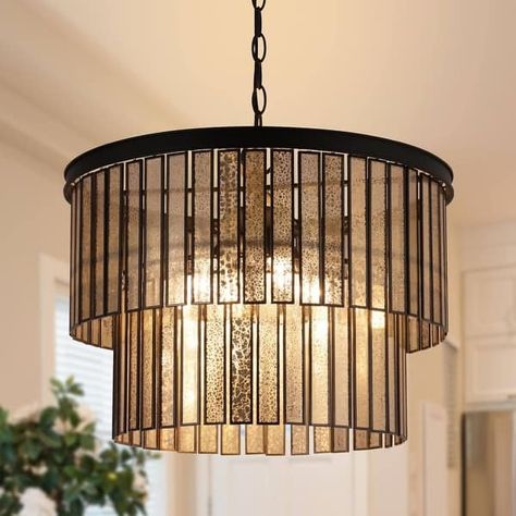 Tifany Modern 4-Light Colored Glass Chandelier 2-tired for Dining Room - D 18.1" x H 14.6" - On Sale - Bed Bath & Beyond - 37032282 Mercury Glass Chandelier, Whipstaff Manor, Downstairs Office, Hair Room, Hall Entrada, Chimney Rock, Chandelier For Dining Room, Future Bedroom, Black Dining