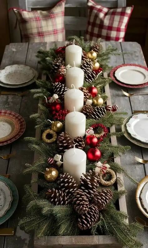 50+ Easy Farmhouse Christmas Decorations for a Rustic, Cozy Vibe - HubPages Tafel Decor, Christmas Dining Table, Cozy Christmas Decor, Christmas Table Centerpieces, Christmas Decor Inspiration, Country Christmas Decorations, Christmas Themes Decorations, Indoor Christmas Decorations, Christmas Decorations Rustic