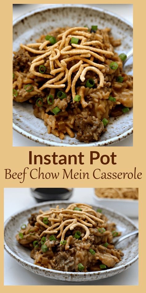 A classic Midwestern hot dish with ground beef, rice, creamy soup, and celery that is topped with Chow Mein noodles. Grandma used to make it in the oven and now you can make it in half the time in your Instant Pot. #instantpot Ground Beef And Noodles Instant Pot, Ground Beef Chow Mein Casserole, Chow Mein Hot Dish, Chow Mein Hotdish Beef, Slow Cooker Beef Tenderloin, Chow Mein Casserole, Instant Pot Amish Beef And Noodles, Soup Celery, Instant Pot Chinese