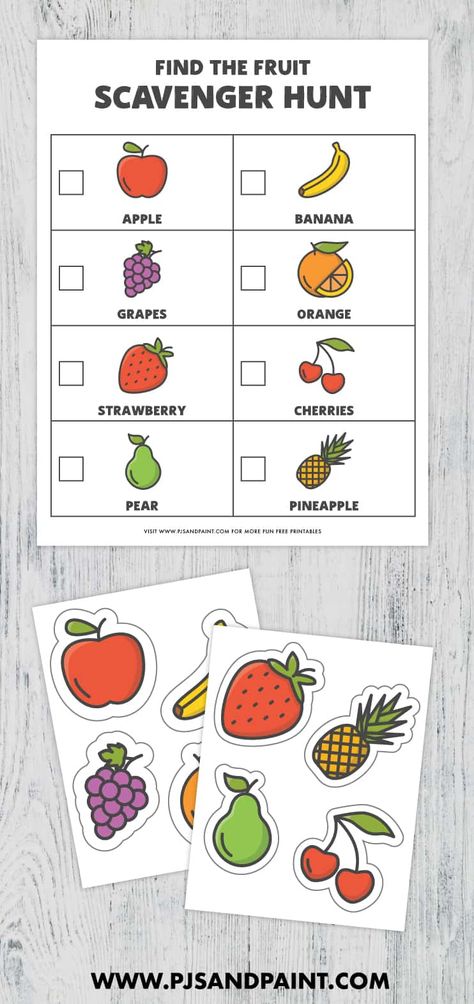 Fruit Themed Scavenger Hunt – Free Printable Game Fruit And Veg Theme Preschool, Food Activities For Kindergarten, Vegetable Theme Preschool, Food Scavenger Hunt, Pizza Broccoli, Food Games For Kids, Fruit Printables, Healthy Food Activities For Preschool, Healthy Food Activities