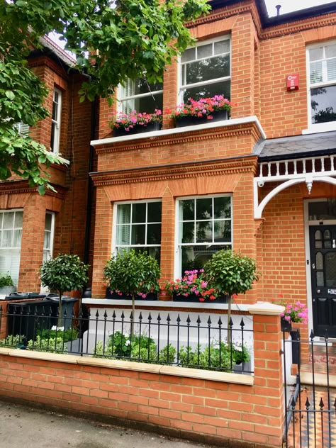 Brick Wall Front Of House, Front Porch Terrace House, Window Boxes On Brick House, Bay Tree Front Garden, Edwardian Terrace Front Garden, Grey Brick Garden Wall, London House Exterior Townhouse, Edwardian House Exterior Uk, Terrace House Front Garden