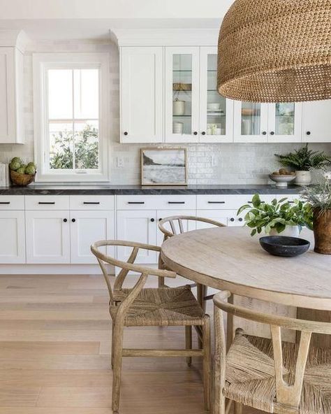 White Kitchen Cabinet Hardware, Gorgeous White Kitchen, Pure Salt Interiors, Coastal Kitchen Decor, Coastal Dining Room, Pure Salt, Round Kitchen Table, Round Wood Dining Table, Coastal Interiors Design