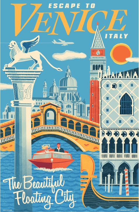 Travel Venice, Italy Travel Poster, Posters Decor, Venice Print, Floating City, Venice Travel, Retro Travel Poster, Pop Art Print, Illustration Vintage