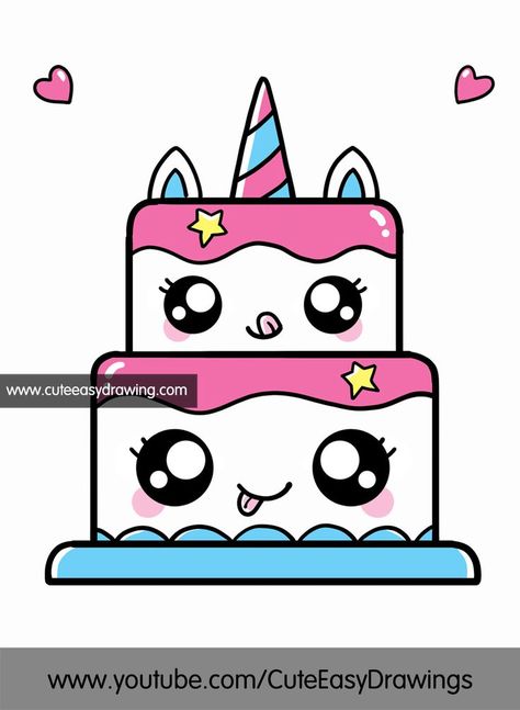 cake drawing cartoon Unicorn Cake Drawing Easy, Cute Cake Drawing Easy, Cute Cartoon Drawings Kawaii, How To Draw A Unicorn Step By Step, Unicorn Cake Drawing, Easy Kid Drawings, Unicorn Cute Drawing, Cartoon Unicorn Drawing, How To Draw A Unicorn