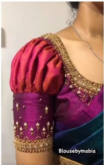 Puff Blouse Designs For Silk Saree, Blouse Back Hand Designs, Simple Aari Work Puff Blouse Design, Blouse Puff Hand Designs, Puff Sleeve Aari Work Blouse Simple, Puff Blouse Saree, Simple Muhurtham Blouse Designs, Blouse Hand Designs Pattern Puff, Puff Sleeve Blouse Indian Aari Work